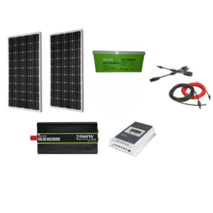 Sistem panouri fotovoltaice Rulota/Cabana 360 W pe 12 V cu invertor sinus pur 2500W putere continua (2 panouri 180W)