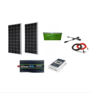 Sistem panouri fotovoltaice Rulota/Cabana 360 W pe 12 V cu invertor sinus pur 3000W putere continua (2 panouri 180W)