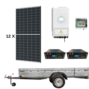 Remorca off-grid cu panouri fotovoltaice, sistem mobil fotovoltaic, invertor DEYE 6kw, stocare litiu 10.24 kwh, 12 x panou Canadian 460w