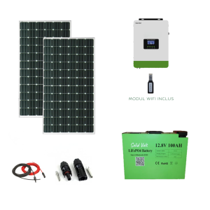 Sistem/kit fotovoltaic cu panouri solare 330W + Invertor hibrid 1.8kW 12V + baterie LiFePO4 litiu 100Ah + conectori si cablu