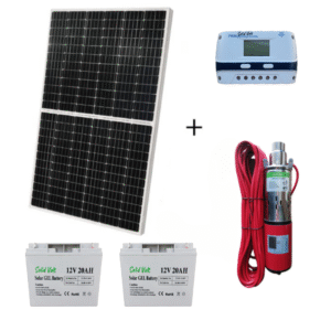 Kit panou solar 410W cu pompa de apa submersibila de adancime medie 24V, PWM 40A, 2 baterii 20Ah legate in serie