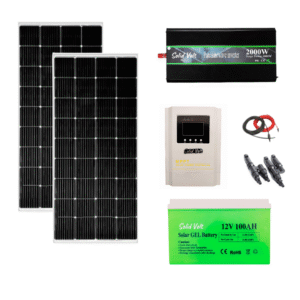 Sistem/kit fotovoltaic 2 x panou solar 200W + controller MPPT 40A + invertor sinus pur 2000W Solid Volt + baterie/acumulator 100Ah + conectori si cablu