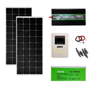 Sistem/kit fotovoltaic 2 x panou solar 200W + controller MPPT 40A + invertor sinus pur 2000W Solid Volt + baterie/acumulator 200Ah + conectori si cablu
