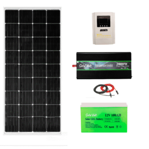 Sistem/kit fotovoltaic cu panou solar 200W + controller MPPT 20A + invertor sinus pur 2000W Solid Volt + baterie/acumulator 100Ah + conectori si cablu
