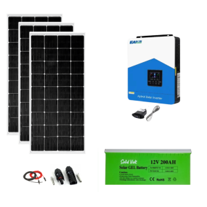 Sistem solar fotovoltaic invertor hibrid 2.2 KW pe 12 V cu MPPT controller incorporat, 3 panouri 200W baterie solara 200 Ah, cablu si conectori