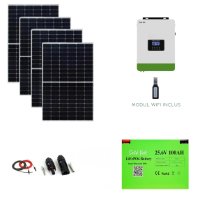Sistem/kit fotovoltaic cu 4 x panouri solare 450W – 460W + Invertor hibrid Solid Volt 3kW 24V+ baterie solara LiFePO4 100Ah 24V + conectori si cablu