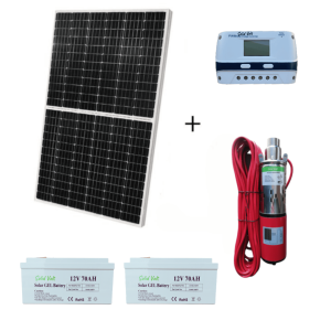 Kit panou solar 410W cu pompa de apa submersibila de adancime medie 24V, PWM 40A, 2 baterii 70Ah legate in serie