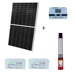 Kit panou solar 410W cu pompa de apa submersibila de adancime medie 24V, PWM 40A, 2 baterii 70Ah legate in serie