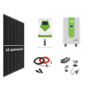 Sistem OFF-GRID complet cu 10 panouri fotovoltaice 460W, baterie LiFePO4 15.36kw Solid Volt si invertor HIBRID de 6.5kw pe 48V, panou solar